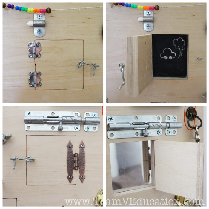 DIY Toddler Busy Board with peek-a-boo doors, latches, locks, and more!