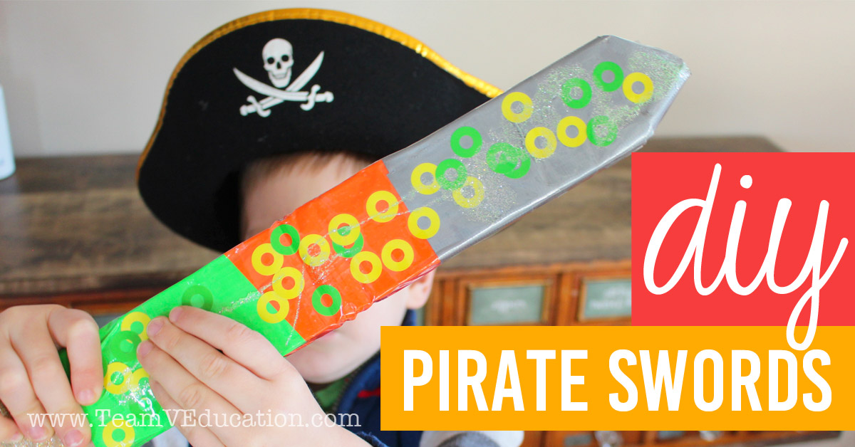 DIY Pirate Swords are perfect for kids who love imaginary play and all things pirates, knights, and fairytales. These can even be made by using scraps of materials from around the home. A great child-led learning activity.